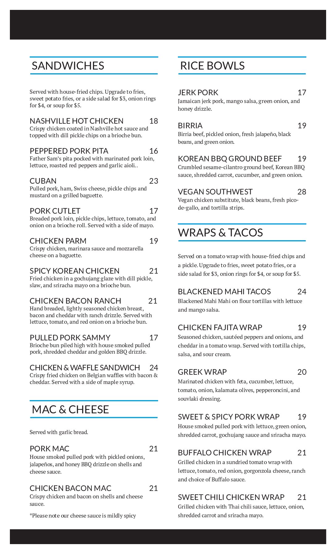 Balloons printed menu, page 2 of 3: sandwiches, rice bowls, wraps, tacos, and mac and cheese