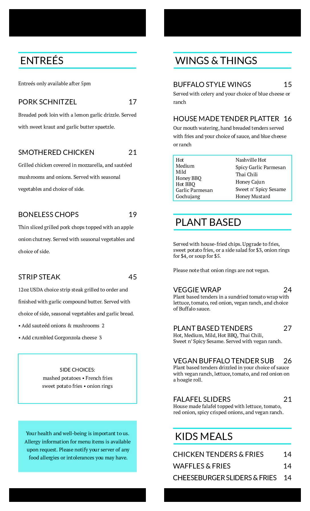Balloons printed menu, page 3 of 3: entrees, wings, plant based dishes, and kids meals