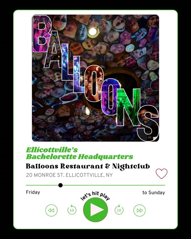 Balloons Ellicottville bachelorette headquarters graphic with venue photos