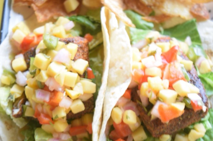 Tacos with mango salsa and house chips